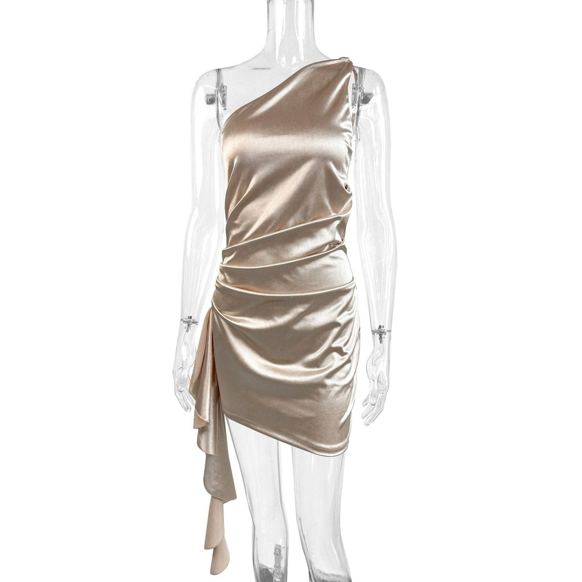 Women's One-Shoulder Asymmetric Draped Satin Cocktail Dress - Close-Up Texture & Detail | Lavisa