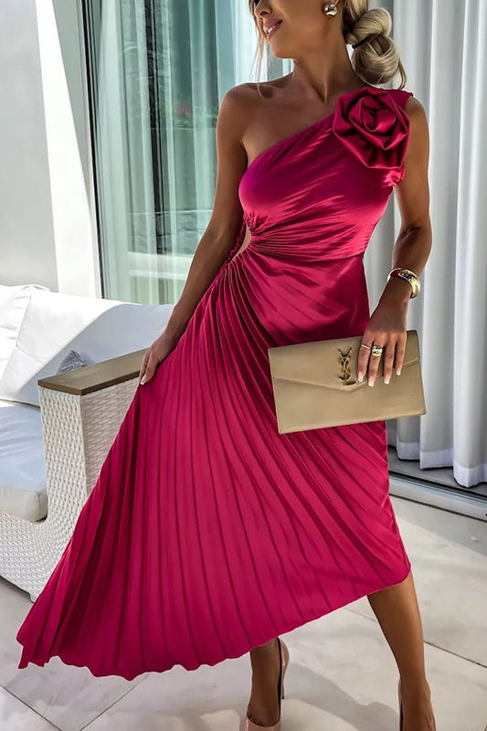 Lavisa - Women's One Shoulder Pleated Maxi Dress with Floral Detail