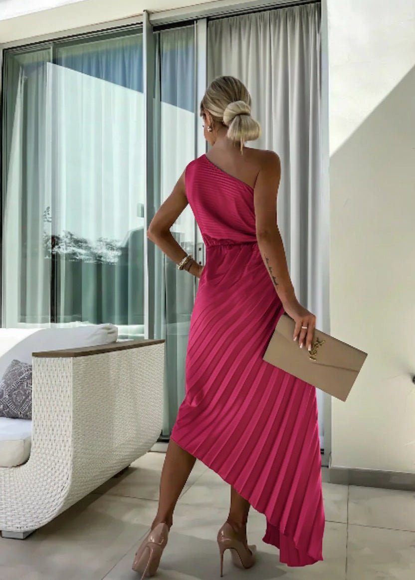 Women's One Shoulder Pleated Maxi Dress with Floral Detail - Side Angle | Lavisa