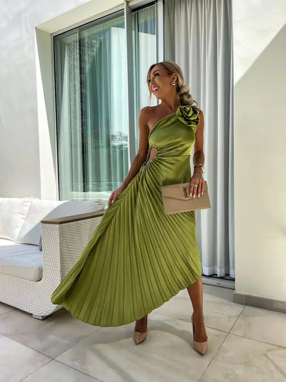 Women's One Shoulder Pleated Maxi Dress with Floral Detail - Back View | Lavisa