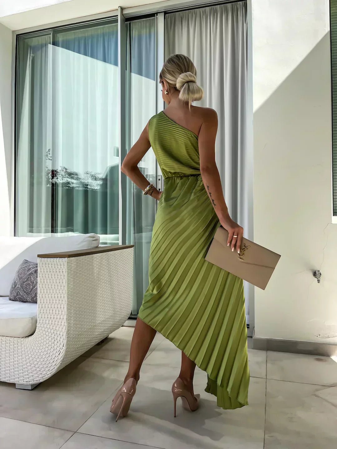 Women's One Shoulder Pleated Maxi Dress with Floral Detail - Close-Up Texture & Detail | Lavisa