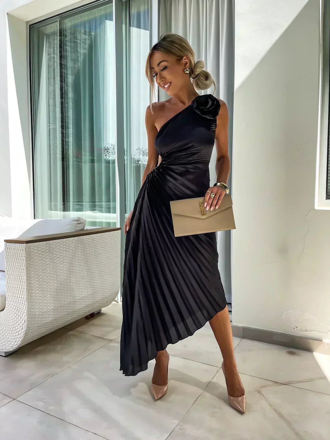 Women's One Shoulder Pleated Maxi Dress with Floral Detail - Sole & Material View | Lavisa