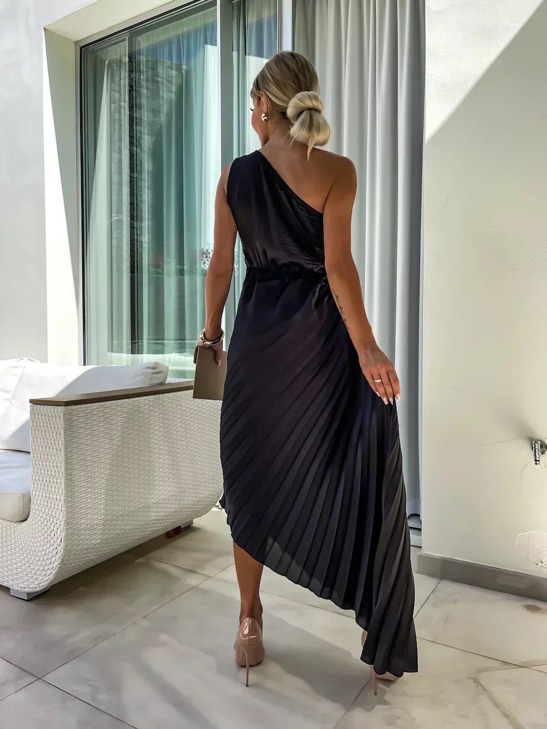 Women's One Shoulder Pleated Maxi Dress with Floral Detail - Lifestyle & Model Angle | Lavisa