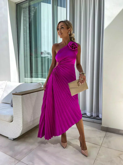Women's One Shoulder Pleated Maxi Dress with Floral Detail - Variant Angle | Lavisa