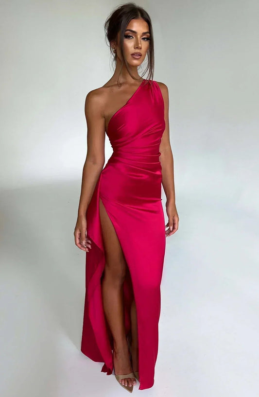 Lavisa - Women's One-Shoulder Satin Asymmetric High-Split Maxi Evening Dress