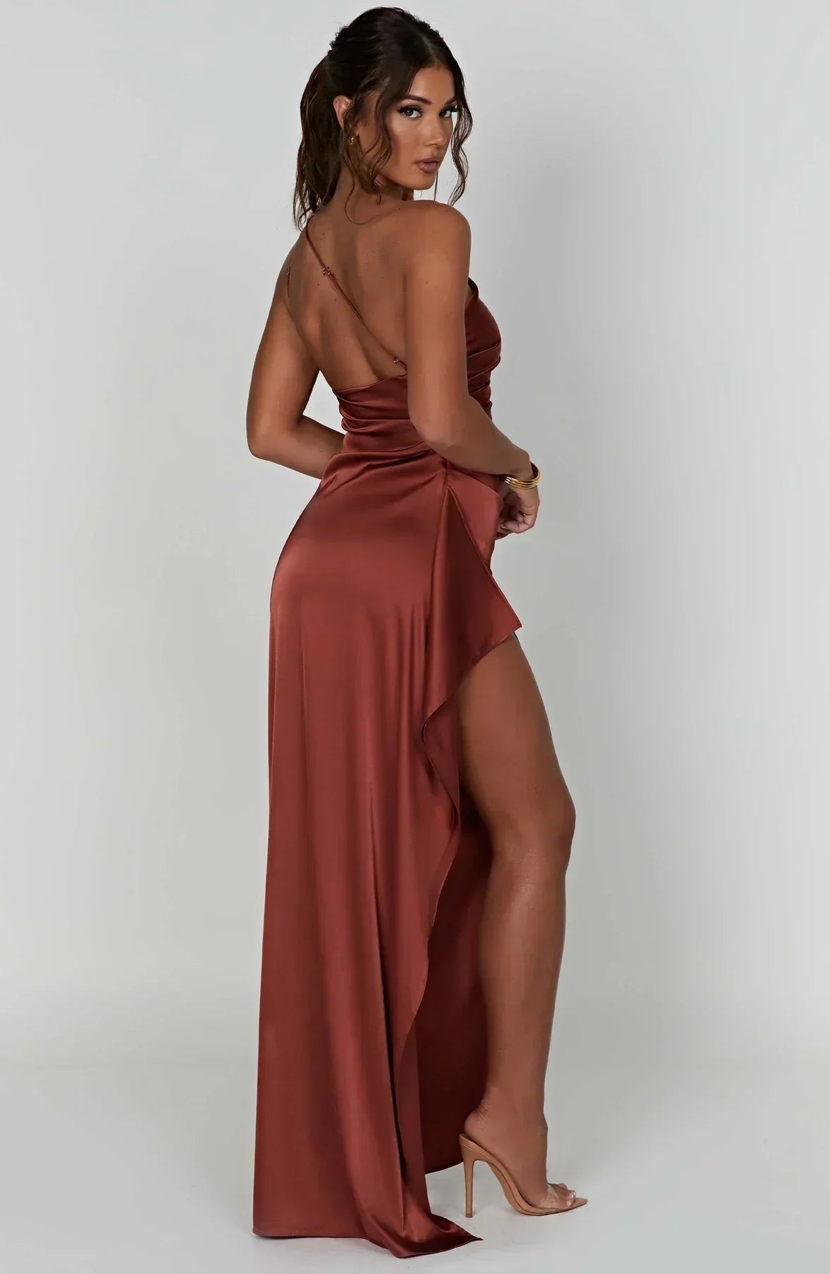 Women's One-Shoulder Satin Asymmetric High-Split Maxi Evening Dress - Variant Style 11 | Lavisa