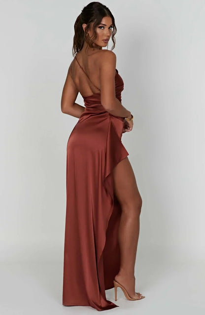 Women's One-Shoulder Satin Asymmetric High-Split Maxi Evening Dress - Variant Style 11 | Lavisa
