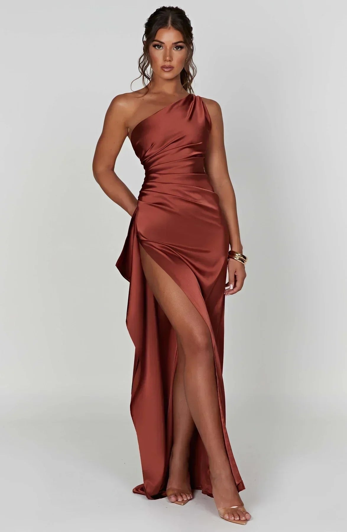 Women's One-Shoulder Satin Asymmetric High-Split Maxi Evening Dress - Variant Style 12 | Lavisa