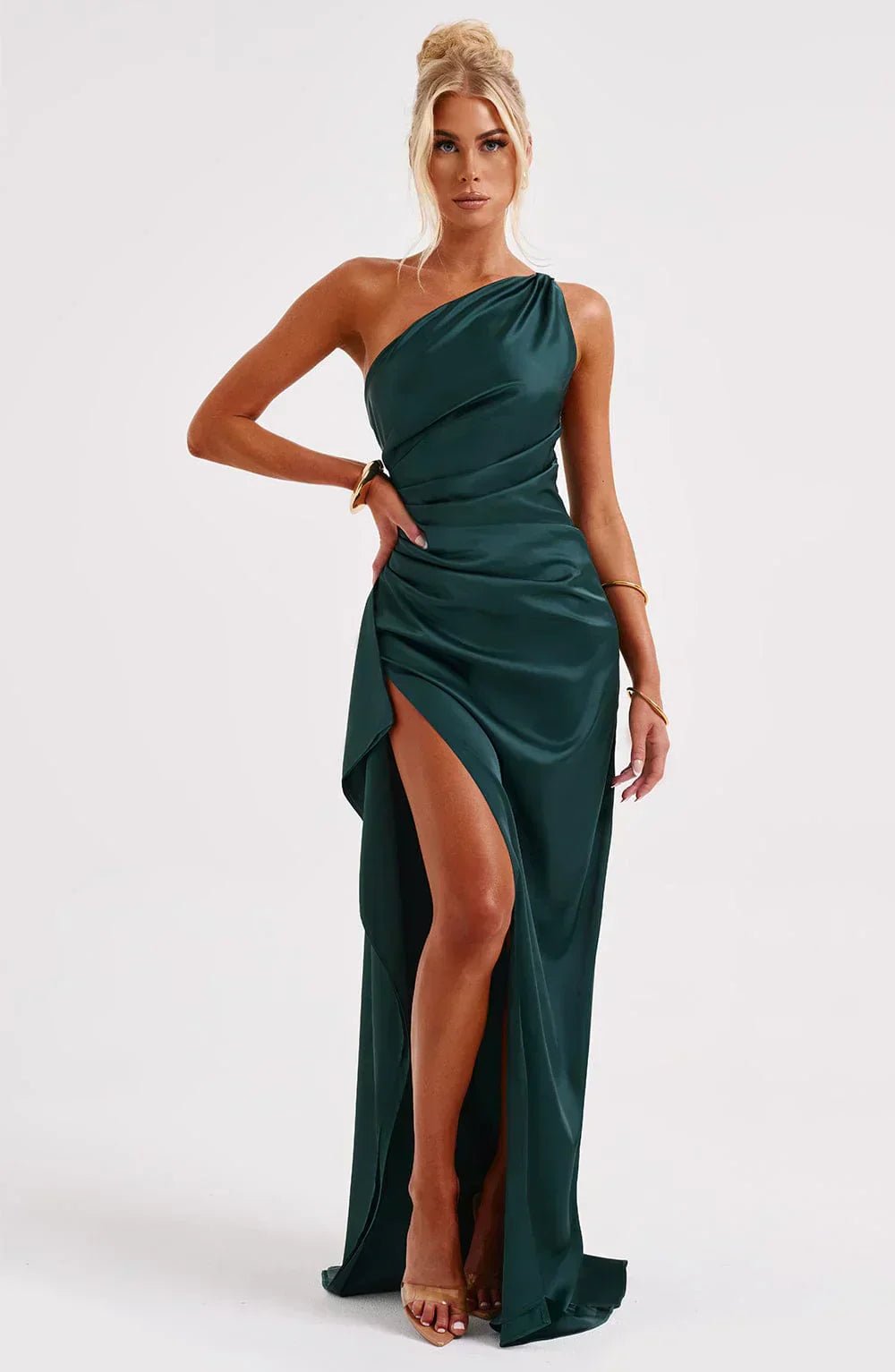 Women's One-Shoulder Satin Asymmetric High-Split Maxi Evening Dress - Variant Style 15 | Lavisa