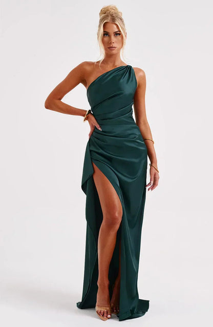 Women's One-Shoulder Satin Asymmetric High-Split Maxi Evening Dress - Variant Style 15 | Lavisa