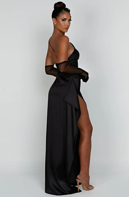 Women's One-Shoulder Satin Asymmetric High-Split Maxi Evening Dress - Variant Style 17 | Lavisa