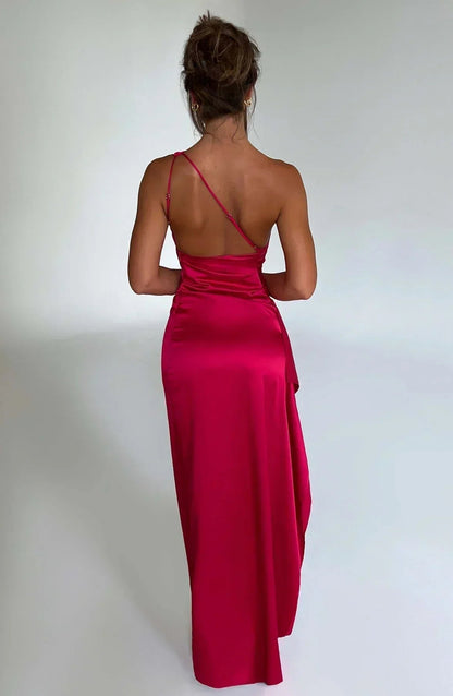 Women's One-Shoulder Satin Asymmetric High-Split Maxi Evening Dress - Side Angle | Lavisa