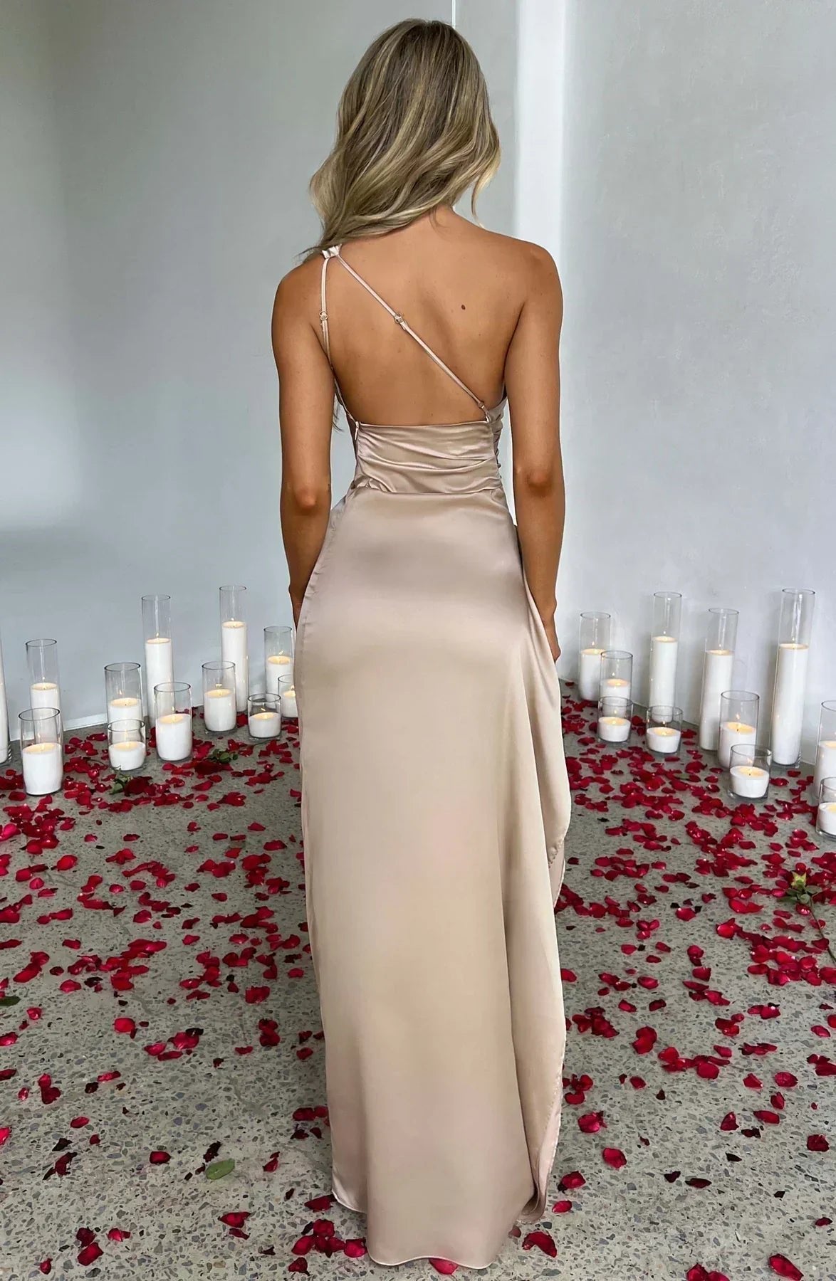Women's One-Shoulder Satin Asymmetric High-Split Maxi Evening Dress - Close-Up Texture & Detail | Lavisa