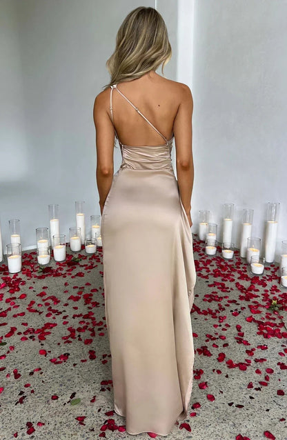 Women's One-Shoulder Satin Asymmetric High-Split Maxi Evening Dress - Close-Up Texture & Detail | Lavisa
