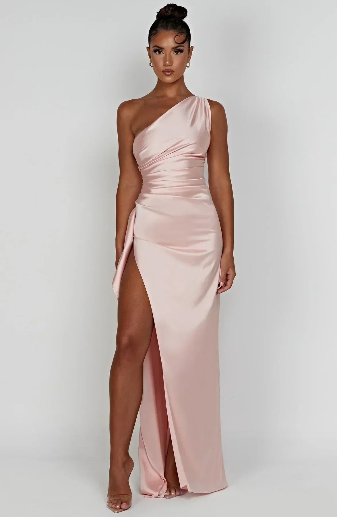 Women's One-Shoulder Satin Asymmetric High-Split Maxi Evening Dress - Sole & Material View | Lavisa