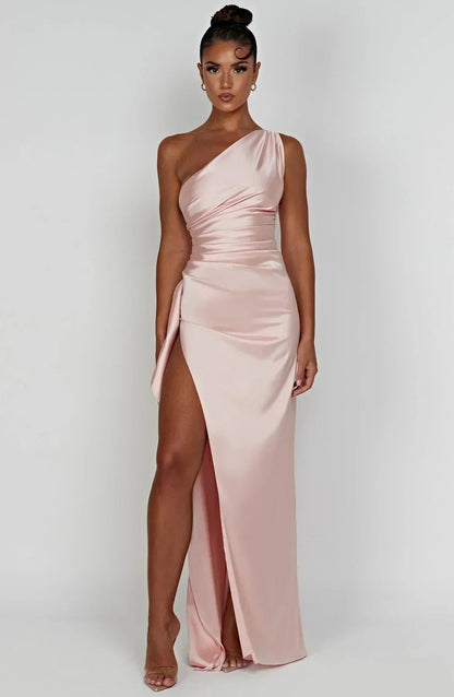 Women's One-Shoulder Satin Asymmetric High-Split Maxi Evening Dress - Sole & Material View | Lavisa