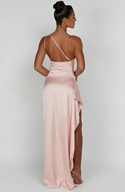 Women's One-Shoulder Satin Asymmetric High-Split Maxi Evening Dress - Lifestyle & Model Angle | Lavisa