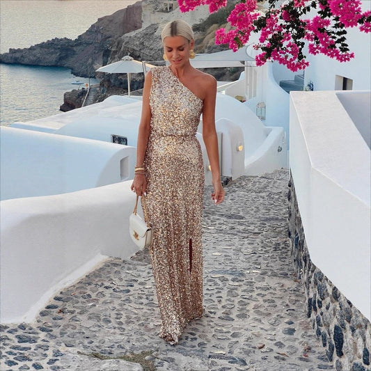 Lavisa - Women's One-Shoulder Sequin Maxi Cocktail Dress Side Slit