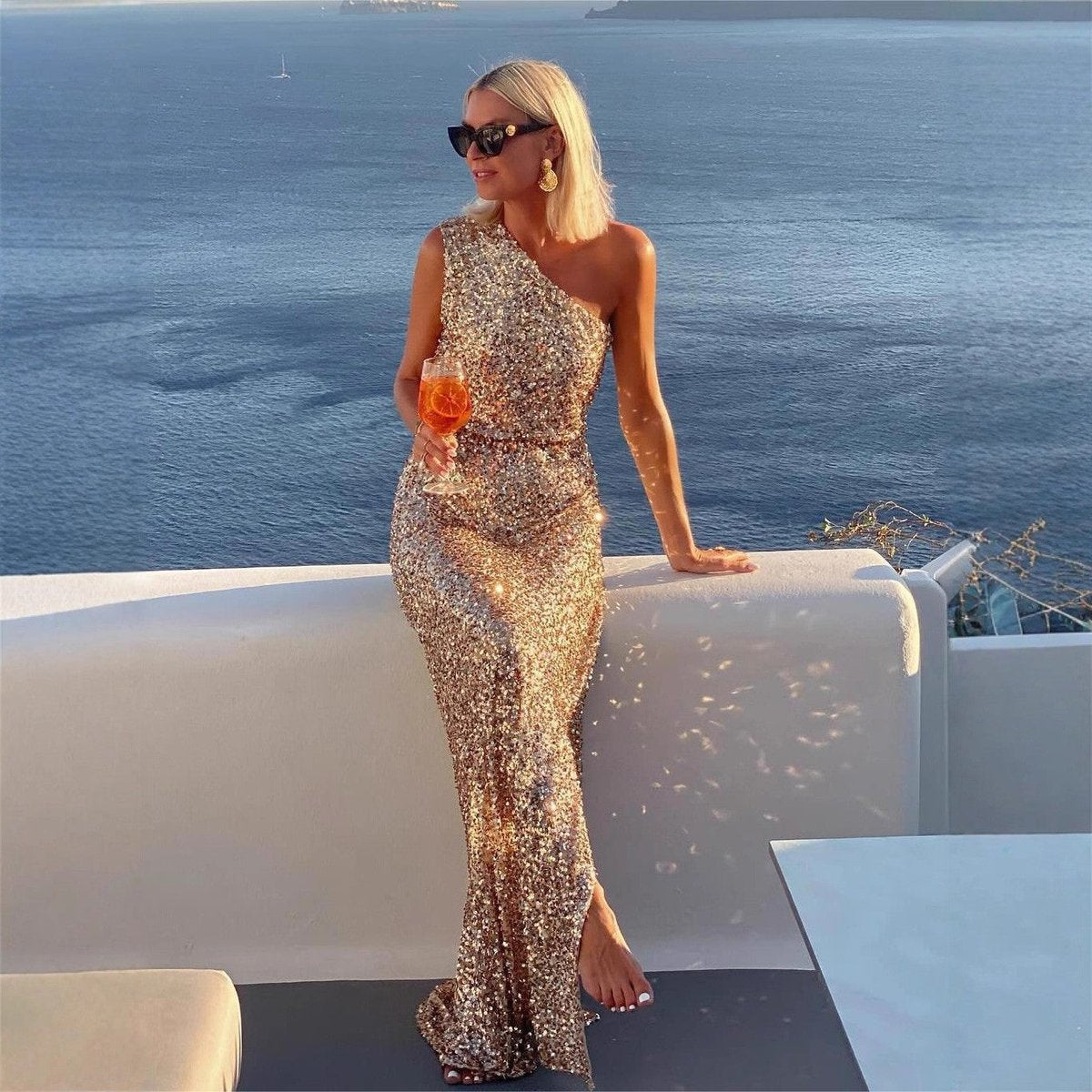 Women's One-Shoulder Sequin Maxi Cocktail Dress Side Slit - Back View | Lavisa