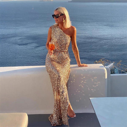 Women's One-Shoulder Sequin Maxi Cocktail Dress Side Slit - Back View | Lavisa