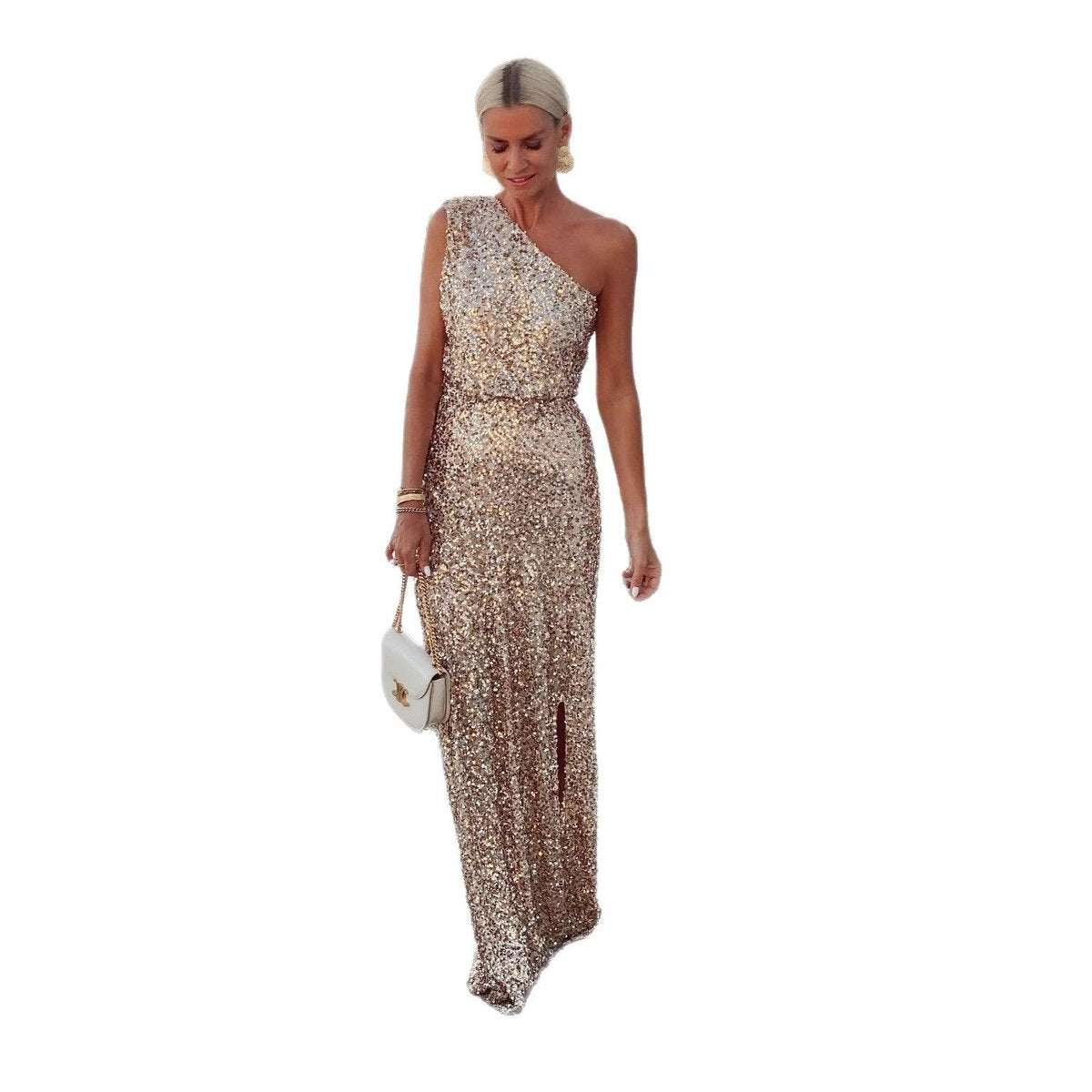 Women's One-Shoulder Sequin Maxi Cocktail Dress Side Slit - Sole & Material View | Lavisa