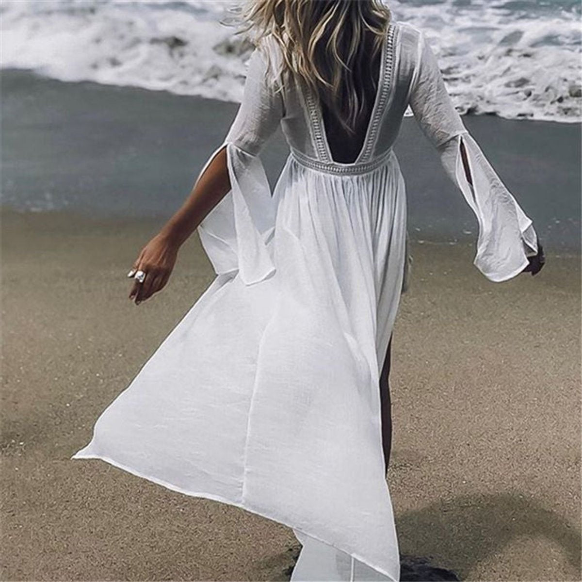 Lavisa - Women's Open-Back Flared-Sleeve Maxi Beach Tunic Dress