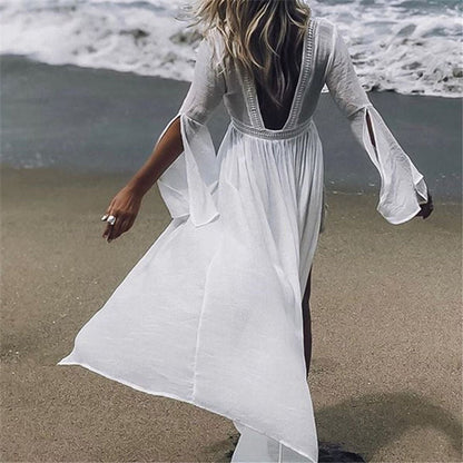 Lavisa - Women's Open-Back Flared-Sleeve Maxi Beach Tunic Dress