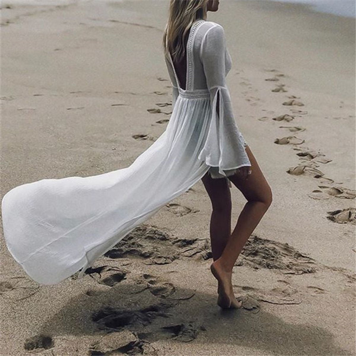 Lavisa - Women's Open-Back Flared-Sleeve Maxi Beach Tunic Dress