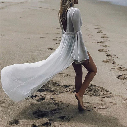 Lavisa - Women's Open-Back Flared-Sleeve Maxi Beach Tunic Dress