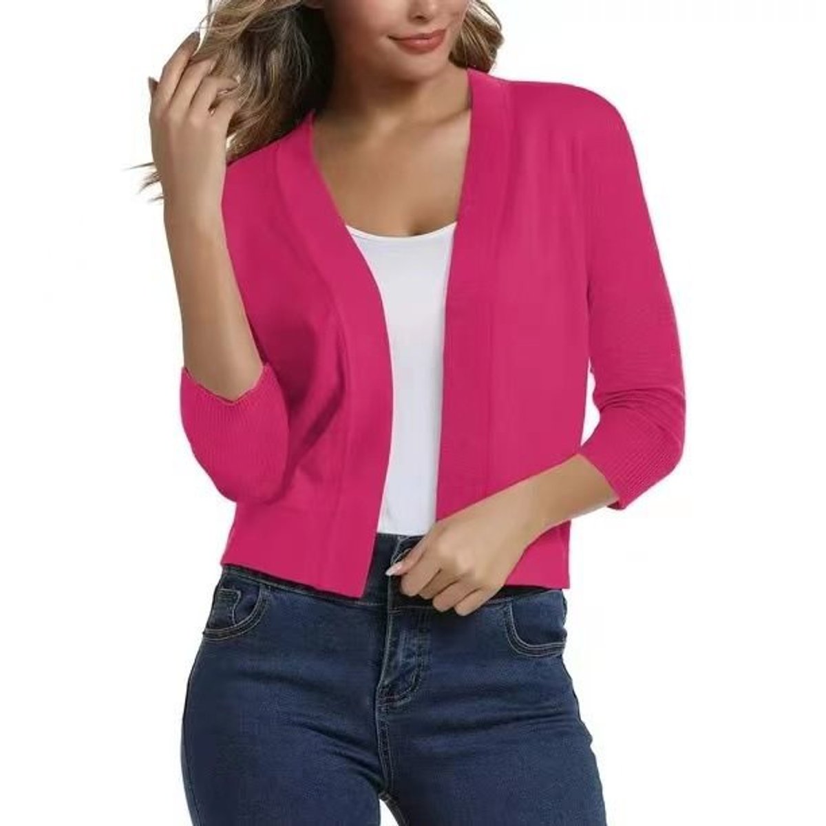Women's Open-Front Three-Quarter Sleeve Cropped Cardigan - Variant Style 12 | Lavisa