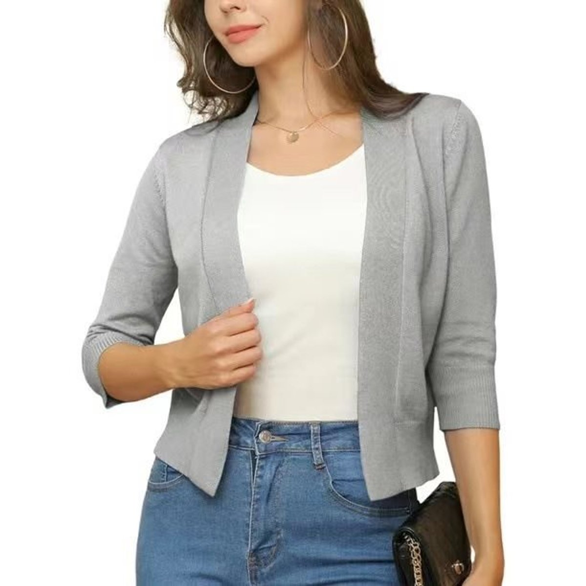 Women's Open-Front Three-Quarter Sleeve Cropped Cardigan - Variant Style 13 | Lavisa