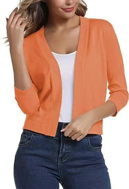 Women's Open-Front Three-Quarter Sleeve Cropped Cardigan - Variant Style 14 | Lavisa