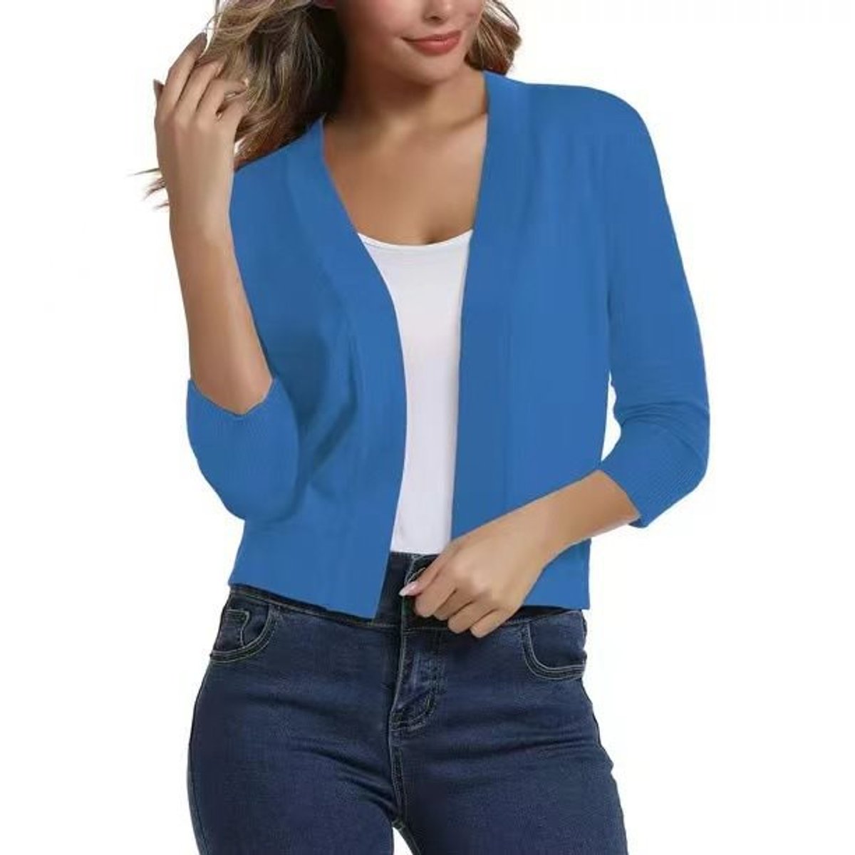 Women's Open-Front Three-Quarter Sleeve Cropped Cardigan - Variant Style 15 | Lavisa