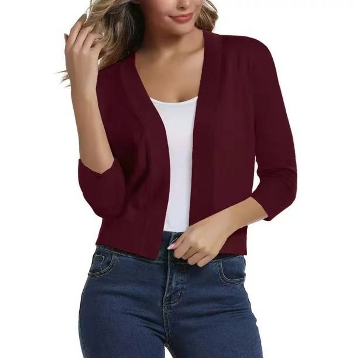 Women's Open-Front Three-Quarter Sleeve Cropped Cardigan - Variant Style 18 | Lavisa