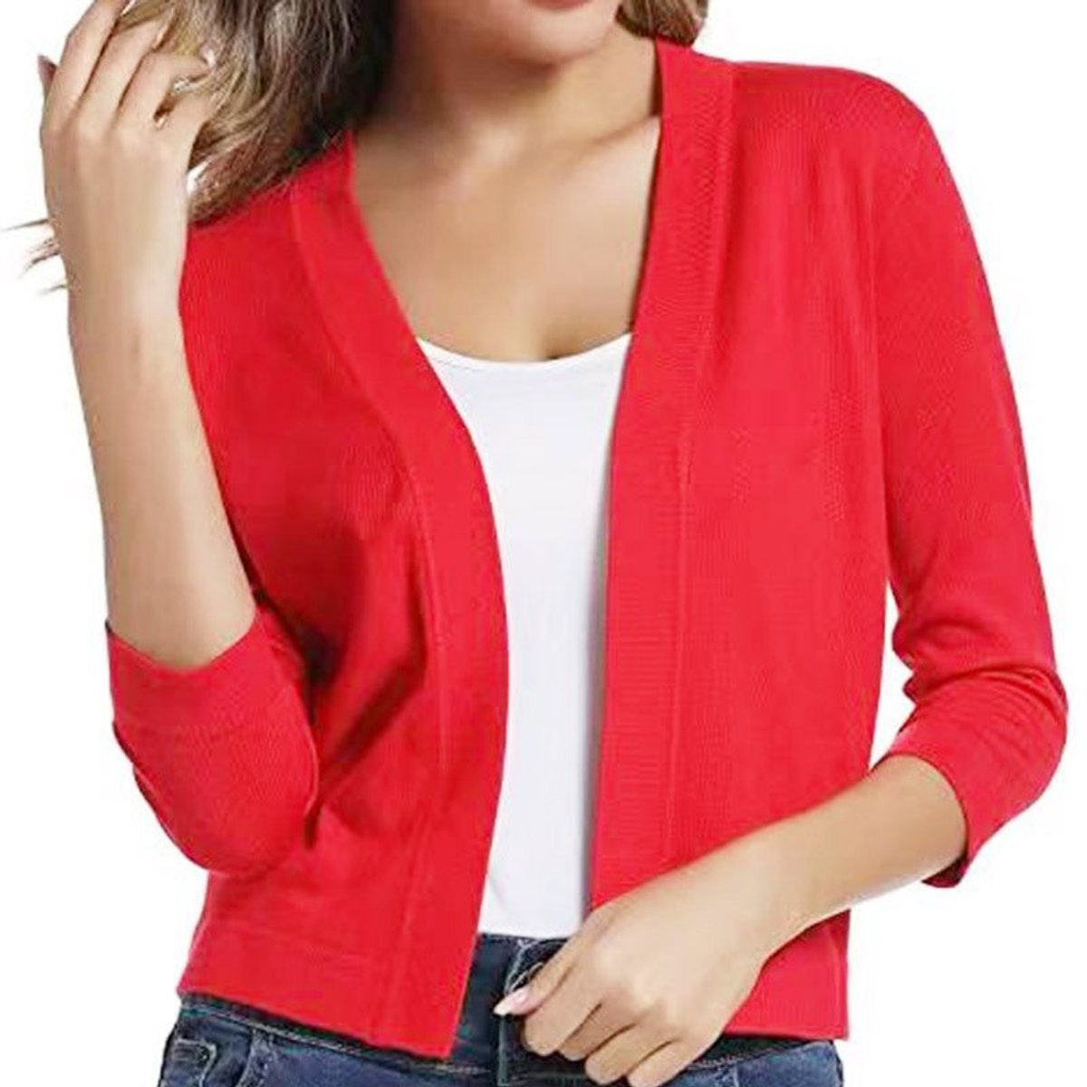Women's Open-Front Three-Quarter Sleeve Cropped Cardigan - Variant Style 19 | Lavisa