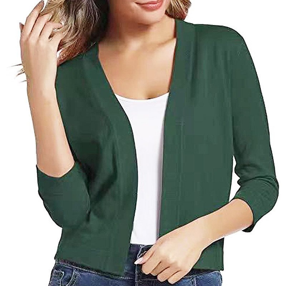 Women's Open-Front Three-Quarter Sleeve Cropped Cardigan - Variant Style 21 | Lavisa