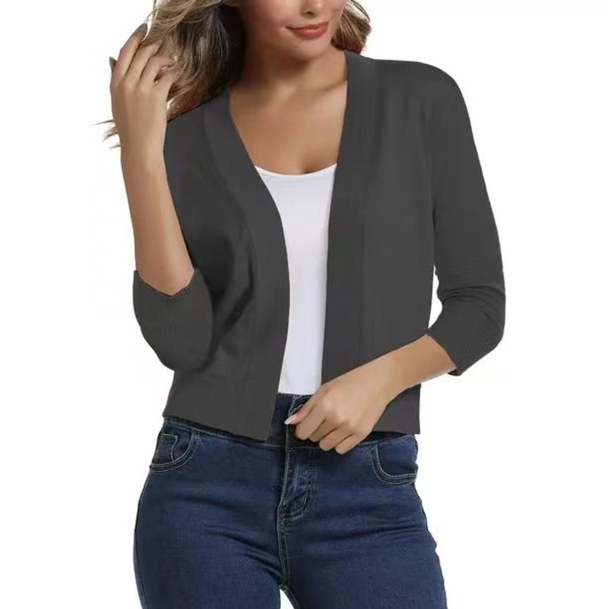 Women's Open-Front Three-Quarter Sleeve Cropped Cardigan - Variant Style 23 | Lavisa