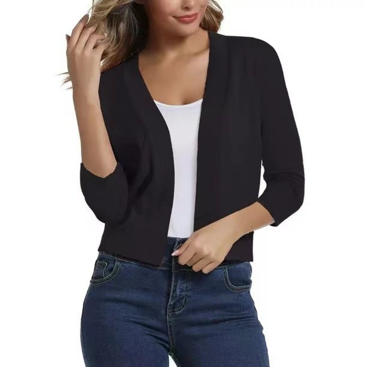 Women's Open-Front Three-Quarter Sleeve Cropped Cardigan - Back View | Lavisa