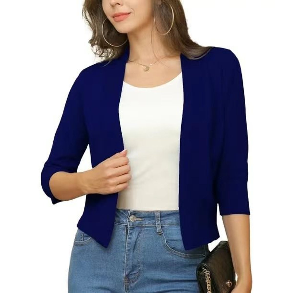 Women's Open-Front Three-Quarter Sleeve Cropped Cardigan - Close-Up Texture & Detail | Lavisa