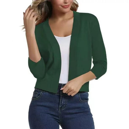 Women's Open-Front Three-Quarter Sleeve Cropped Cardigan - Sole & Material View | Lavisa