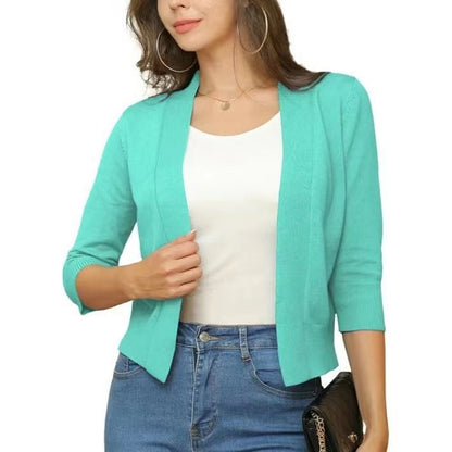 Women's Open-Front Three-Quarter Sleeve Cropped Cardigan - Variant Angle | Lavisa