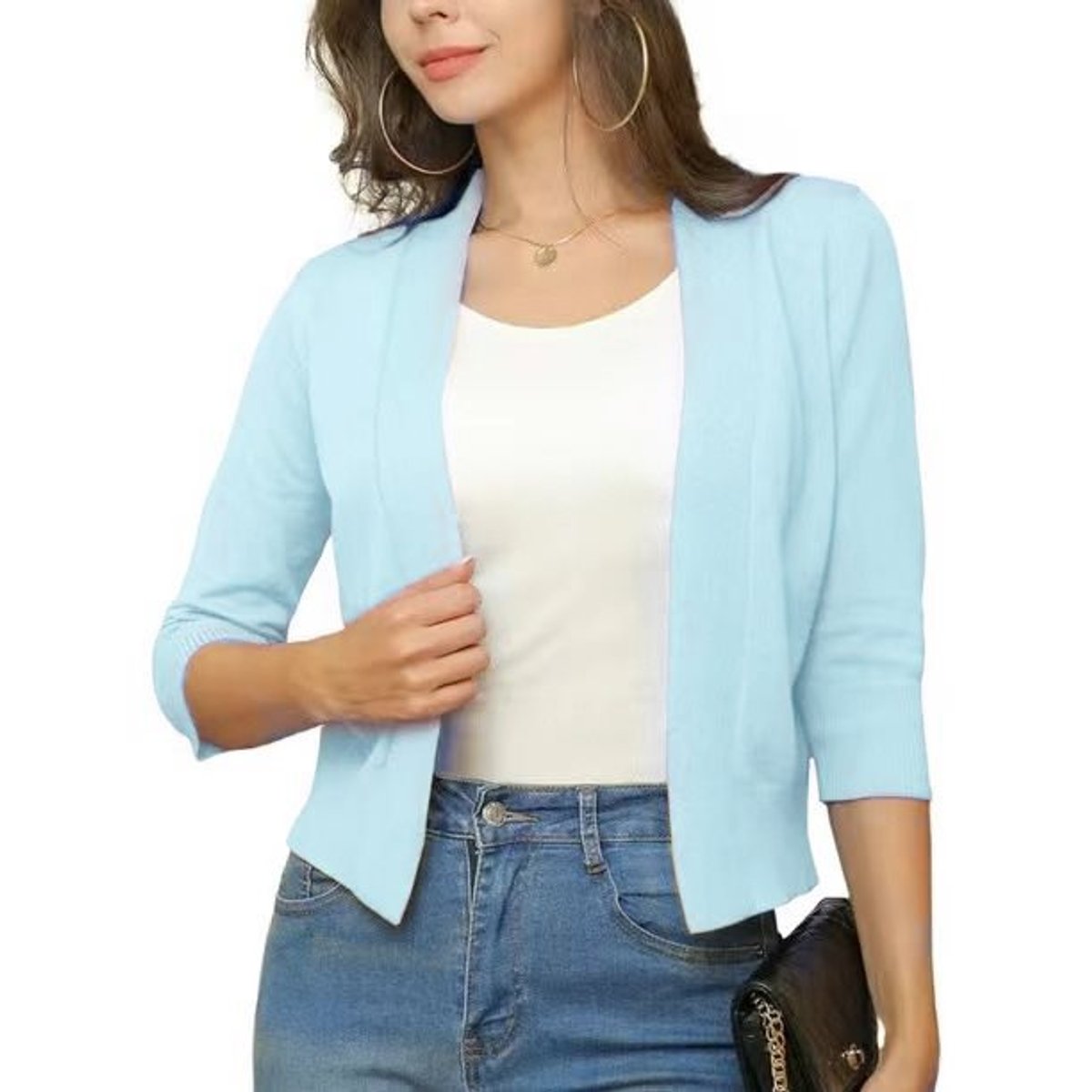 Women's Open-Front Three-Quarter Sleeve Cropped Cardigan - Variant Style 9 | Lavisa