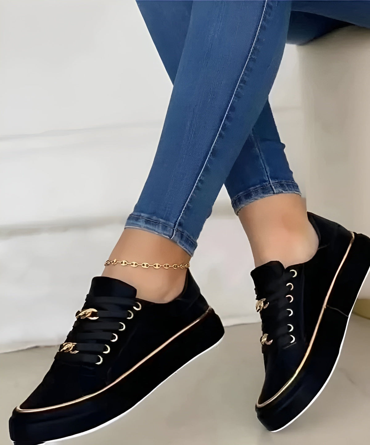 Women's Orthopedic Gold-Accent Lace-Up Platform Trainers - Side Angle | Lavisa