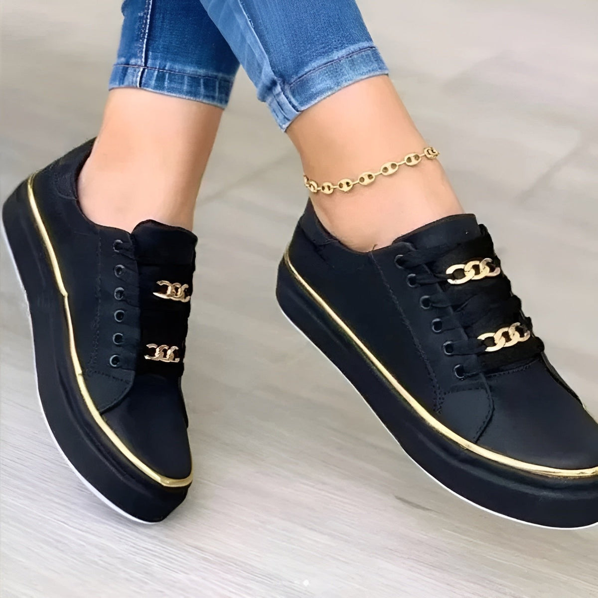 Women's Orthopedic Gold-Accent Lace-Up Platform Trainers - Back View | Lavisa
