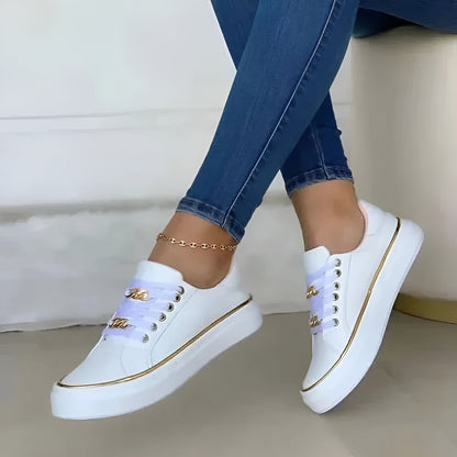 Women's Orthopedic Gold-Accent Lace-Up Platform Trainers - Close-Up Texture & Detail | Lavisa