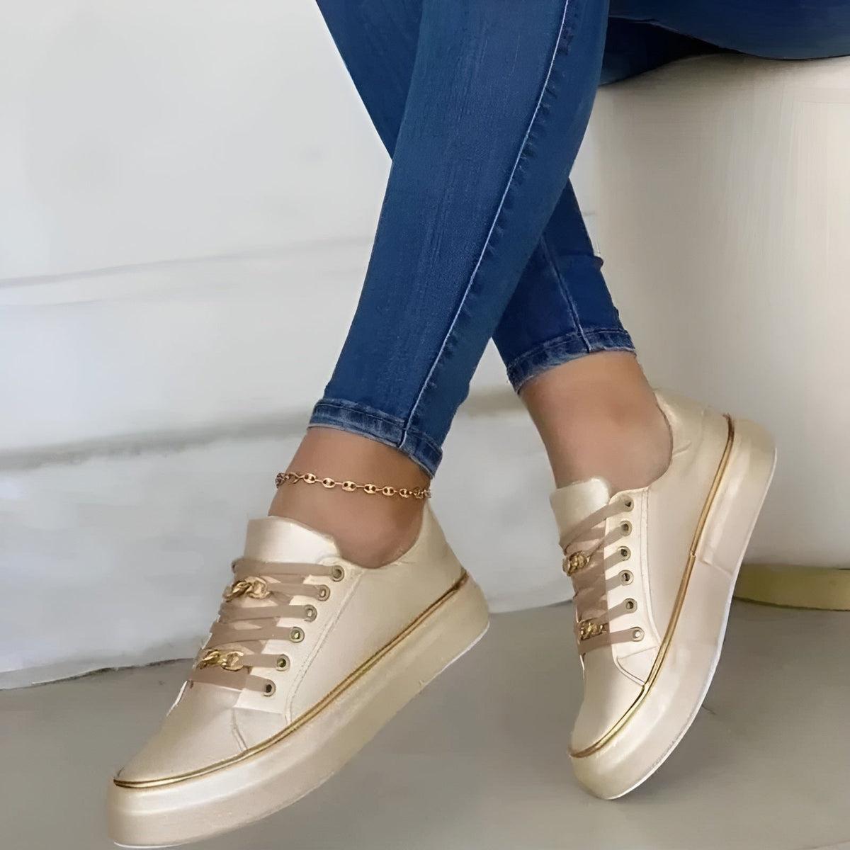 Women's Orthopedic Gold-Accent Lace-Up Platform Trainers - Sole & Material View | Lavisa