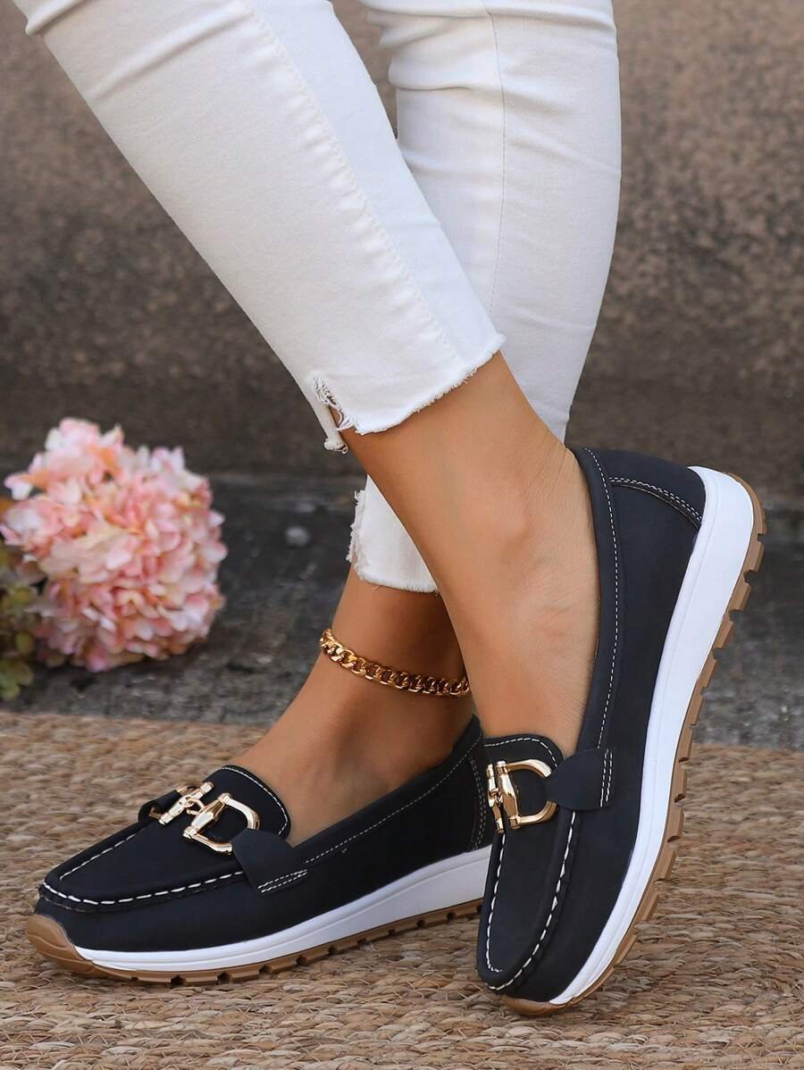 Women's Orthopedic Non-Slip Gold-Buckle Slip-On Loafers - Side Angle | Lavisa