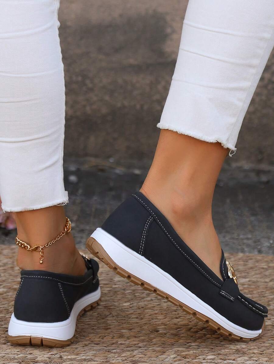 Women's Orthopedic Non-Slip Gold-Buckle Slip-On Loafers - Close-Up Texture & Detail | Lavisa