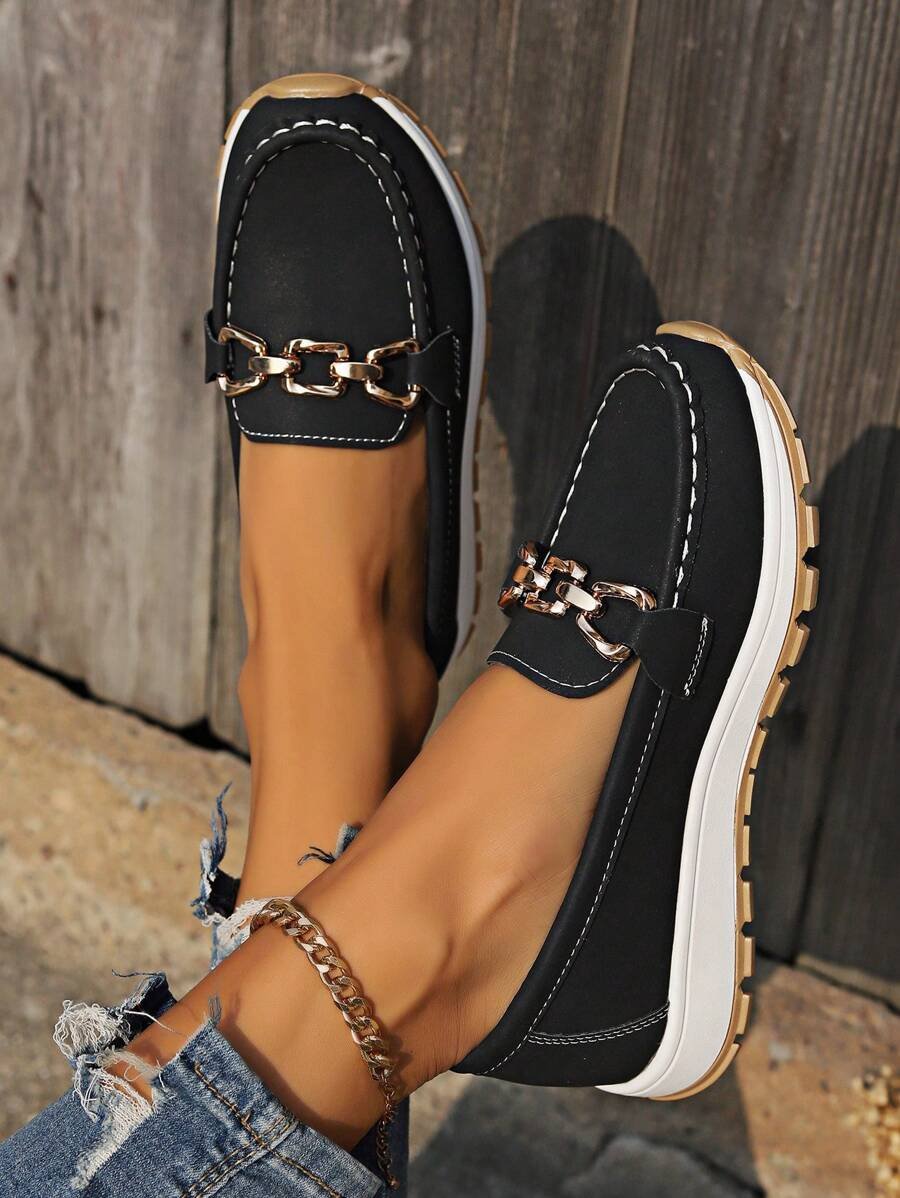 Women's Orthopedic Non-Slip Gold-Buckle Slip-On Loafers - Sole & Material View | Lavisa