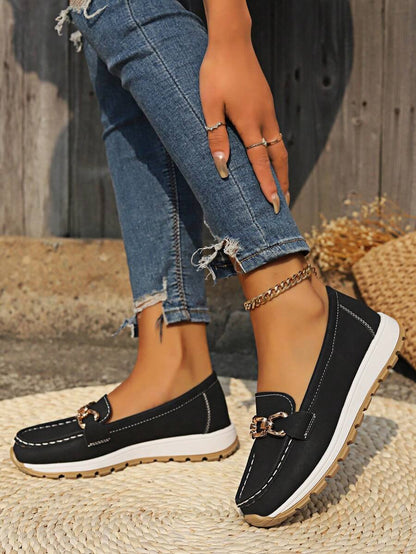 Women's Orthopedic Non-Slip Gold-Buckle Slip-On Loafers - Lifestyle & Model Angle | Lavisa